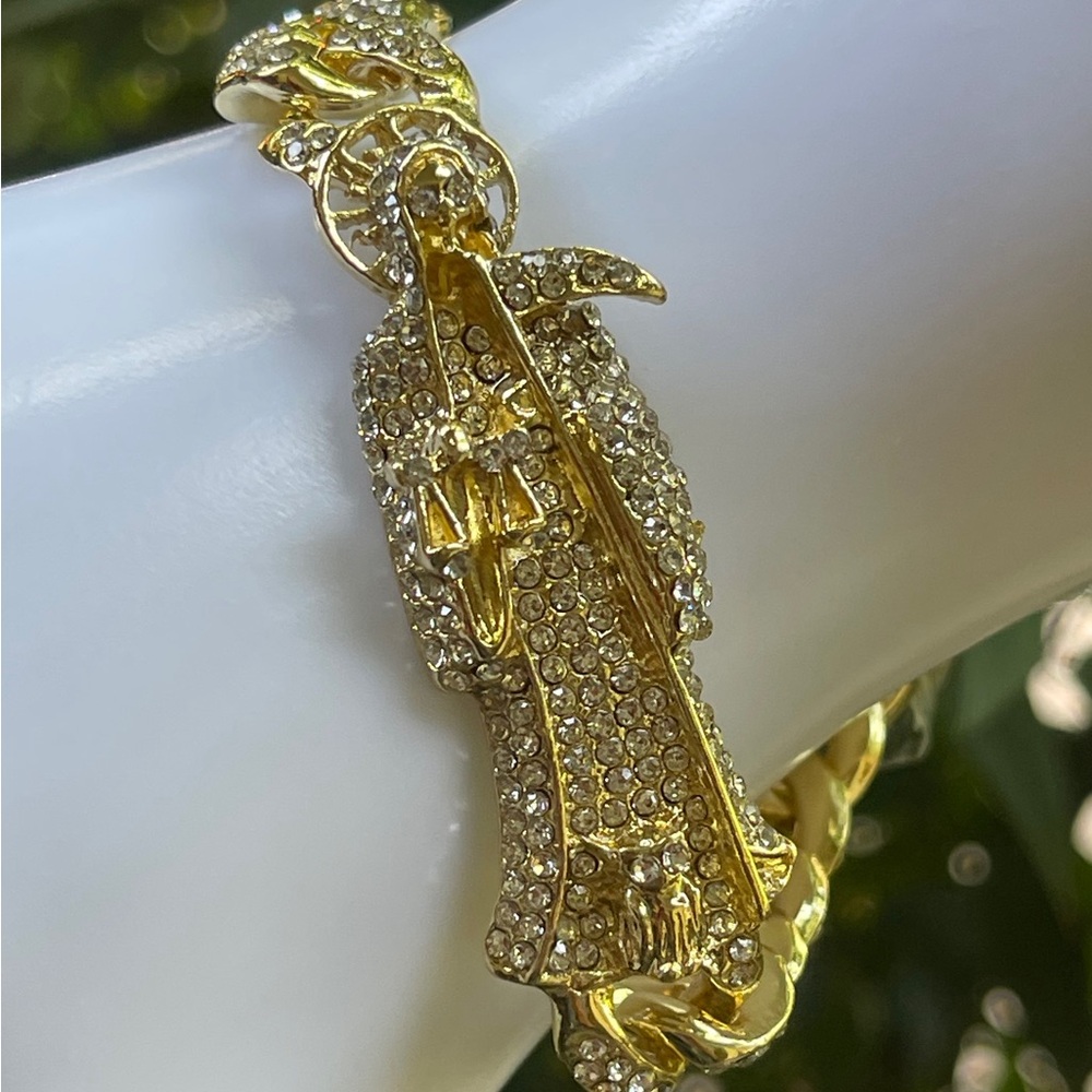 Grim Reaper Bracelet Full of Stones Luxurious GOLD PLATED/pulsera Santa Muerte - Picture 2 of 10